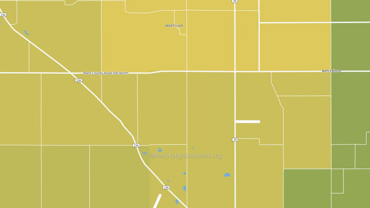 Map of the best neighborhoods in the Montclair area, with better matches in green and worse matches in red
