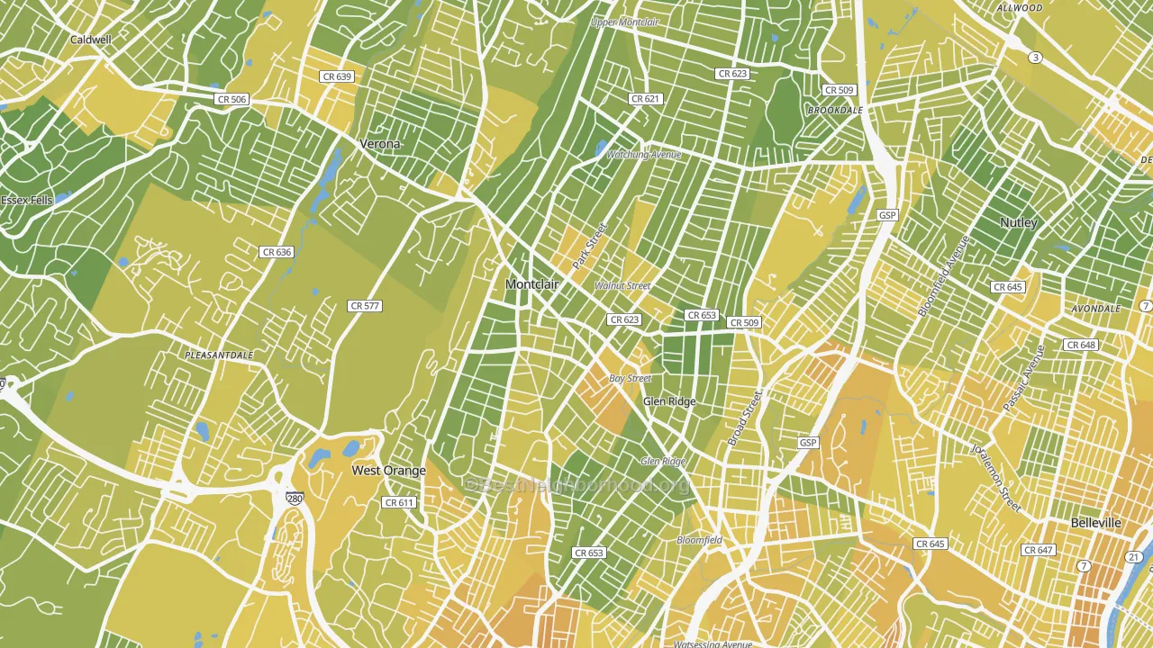 Map of the best neighborhoods in the Montclair area, with better matches in green and worse matches in red