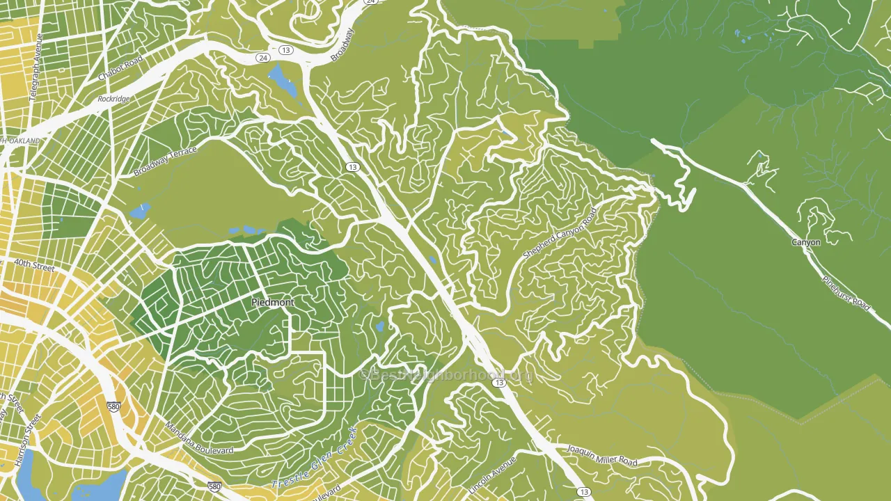 Map of the best neighborhoods in the Montclair, Oakland area, with better matches in green and worse matches in red