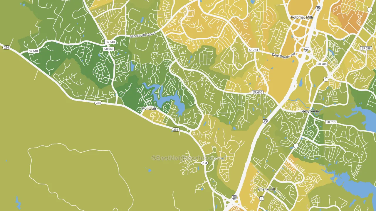 Map of the best neighborhoods in the Montclair area, with better matches in green and worse matches in red