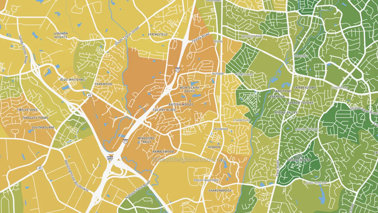 Map of the best neighborhoods in the Montclaire South, Charlotte area, with better matches in green and worse matches in red
