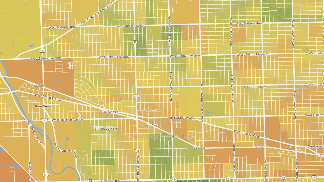 Map of the best neighborhoods in the Montclare, Elmwood Park area, with better matches in green and worse matches in red