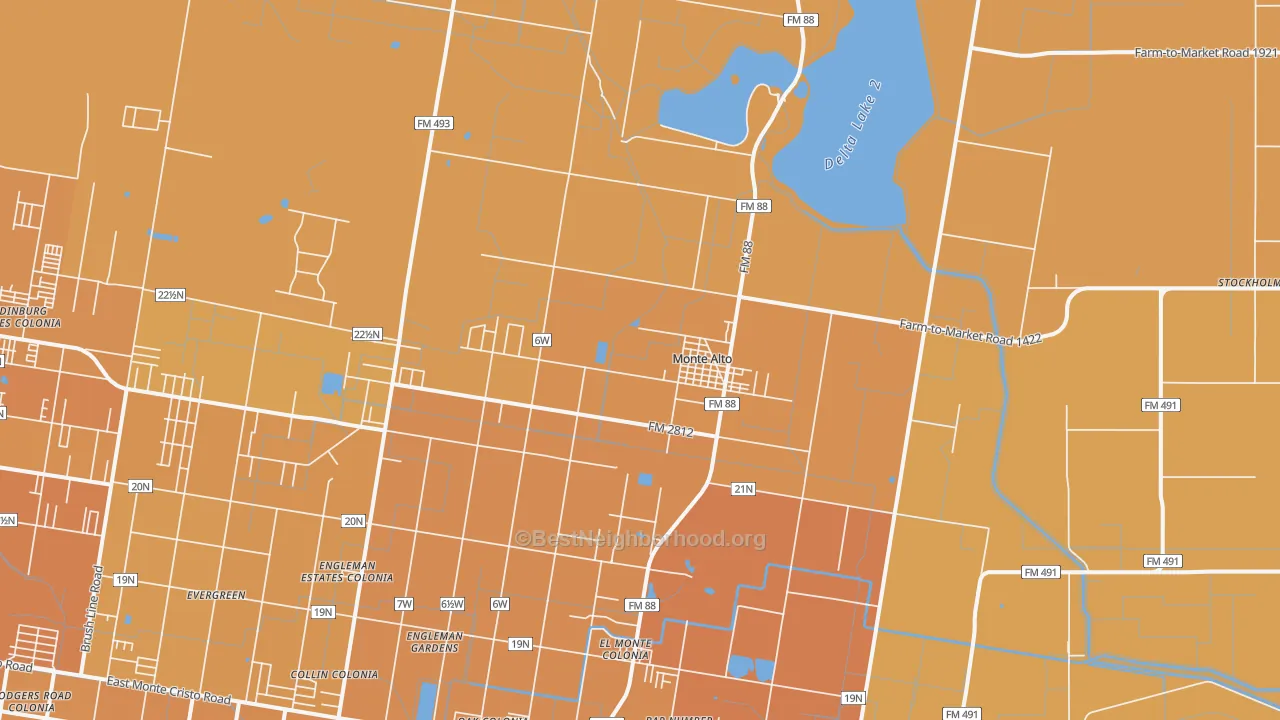 Map of the best neighborhoods in the Monte Alto area, with better matches in green and worse matches in red