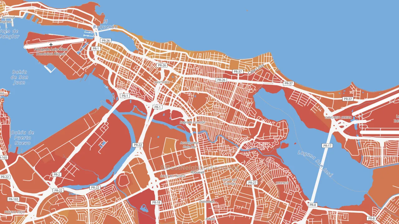 Map of the best neighborhoods in the Monte Flores, San Juan area, with better matches in green and worse matches in red