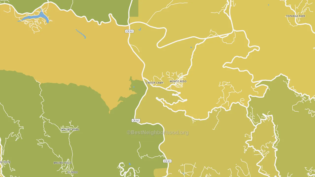 Map of the best neighborhoods in the Monte Nido area, with better matches in green and worse matches in red