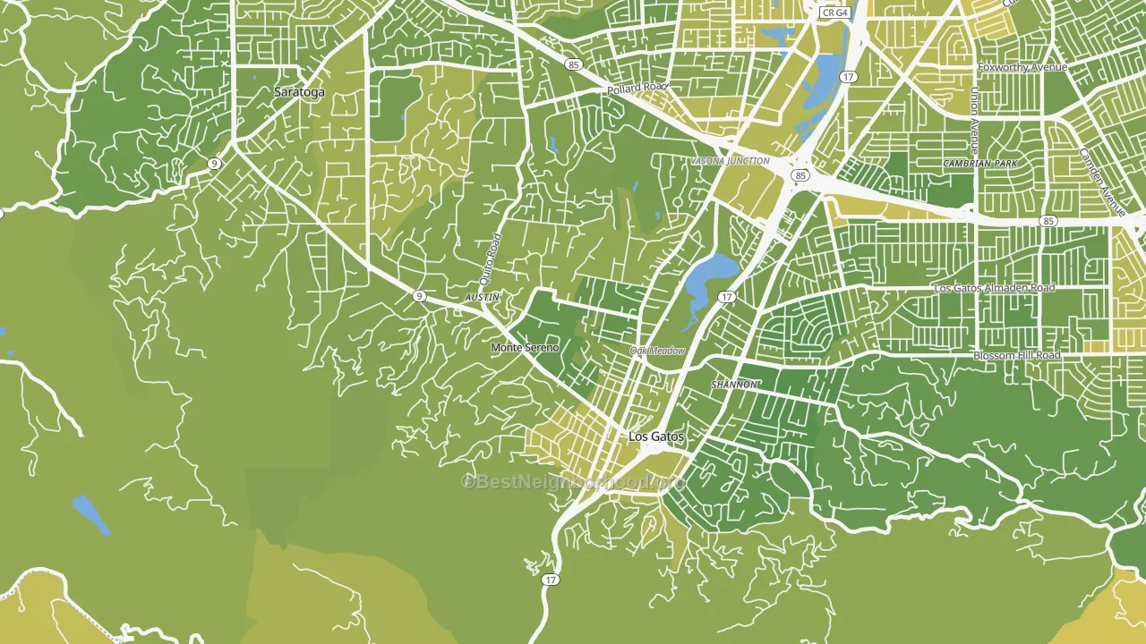 Map of the best neighborhoods in the Monte Sereno area, with better matches in green and worse matches in red
