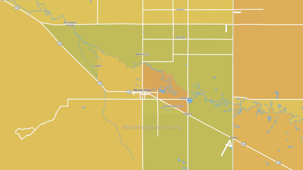 Map of the best neighborhoods in the Monte Vista area, with better matches in green and worse matches in red