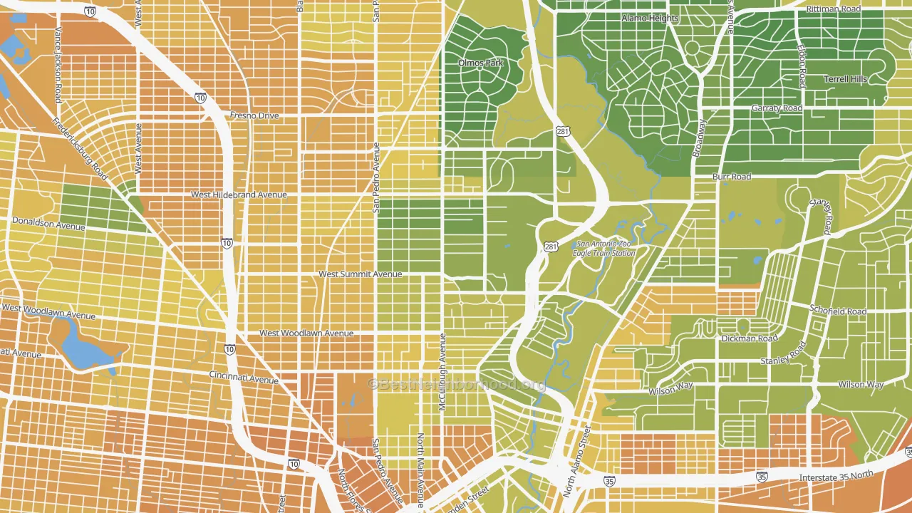 Map of the best neighborhoods in the Monte Vista, San Antonio area, with better matches in green and worse matches in red
