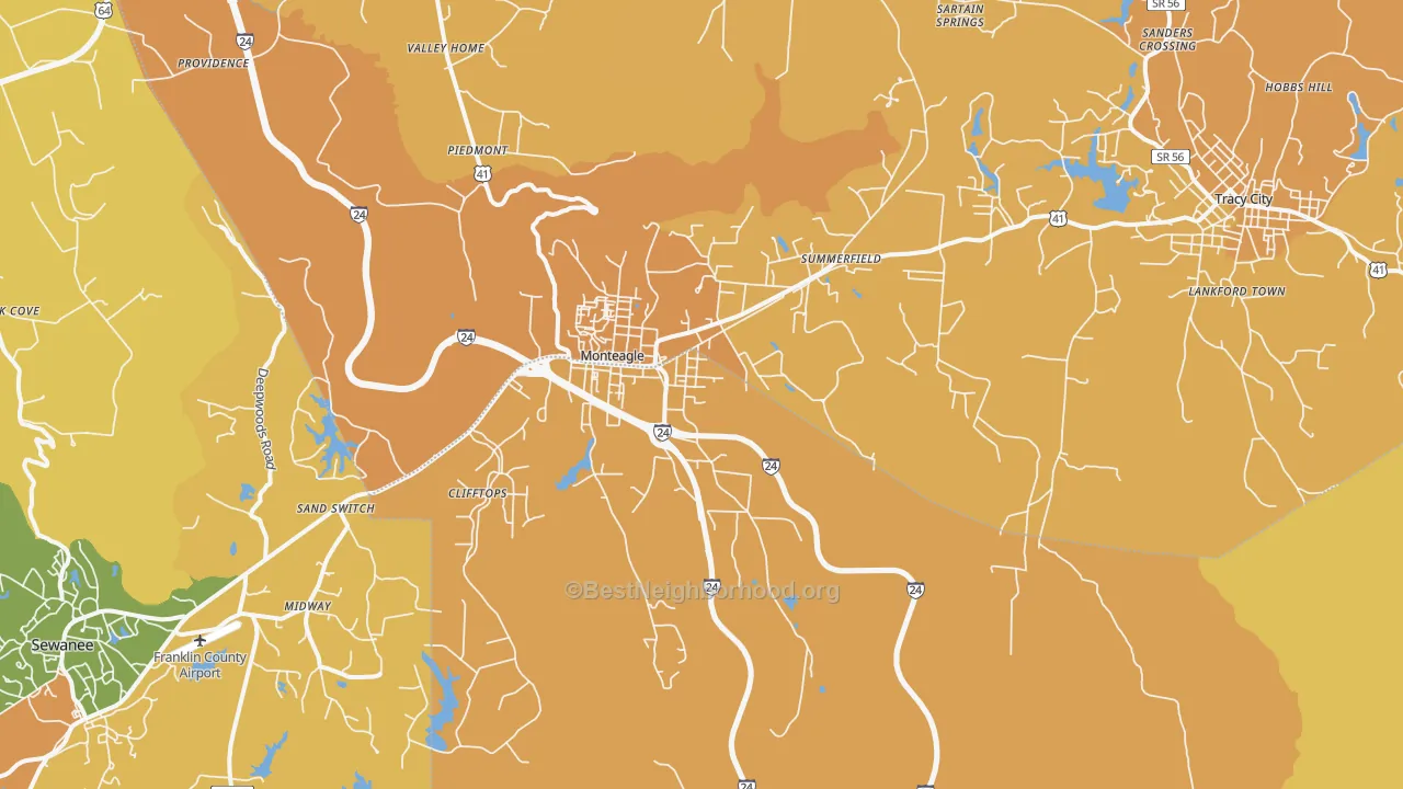 Map of the best neighborhoods in the Monteagle area, with better matches in green and worse matches in red