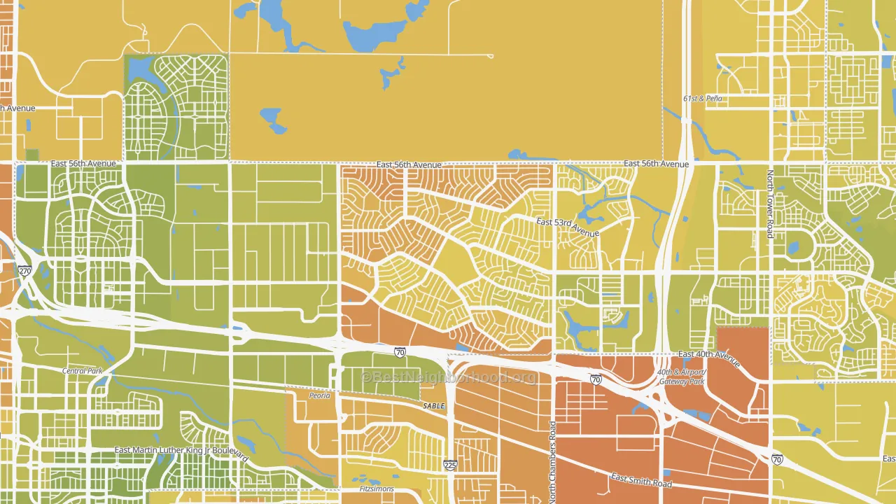 Map of the best neighborhoods in the Montebello, Denver area, with better matches in green and worse matches in red