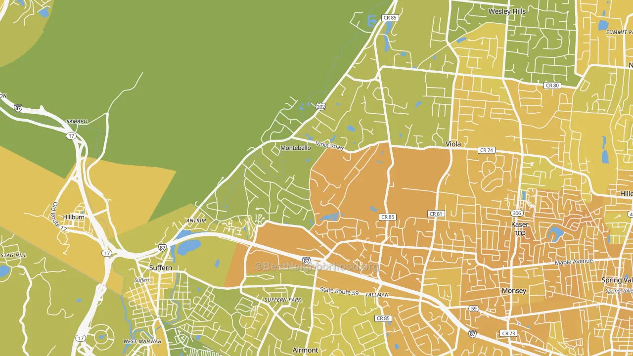 Map of the best neighborhoods in the Montebello area, with better matches in green and worse matches in red