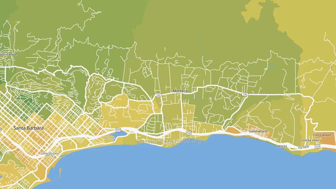 Map of the best neighborhoods in the Montecito area, with better matches in green and worse matches in red