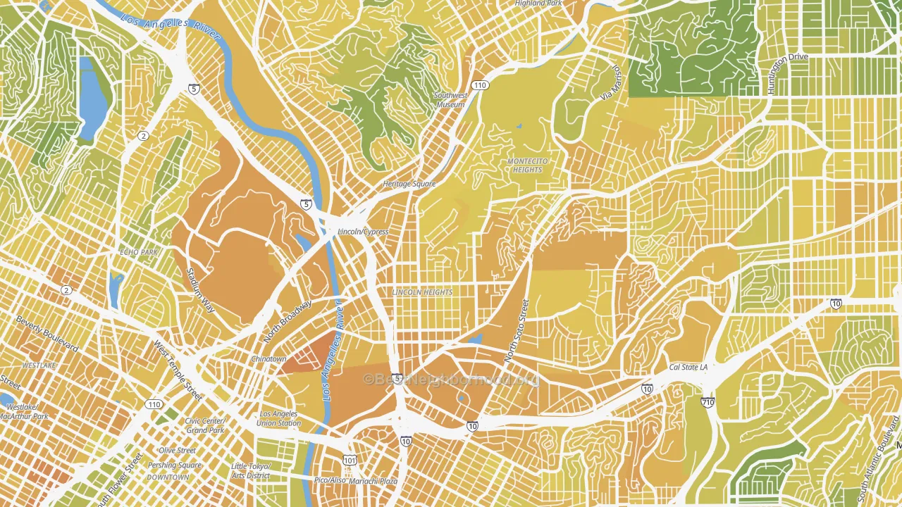 Map of the best neighborhoods in the Montecito Heights, Los Angeles area, with better matches in green and worse matches in red