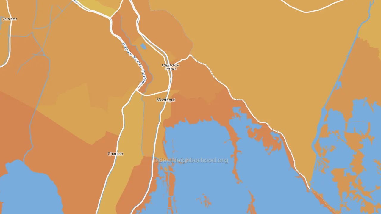Map of the best neighborhoods in the Montegut area, with better matches in green and worse matches in red