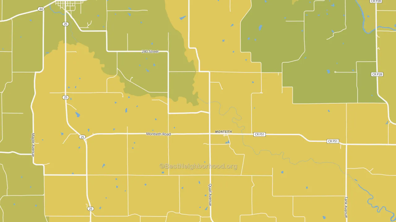 Map of the best neighborhoods in the Monteith area, with better matches in green and worse matches in red
