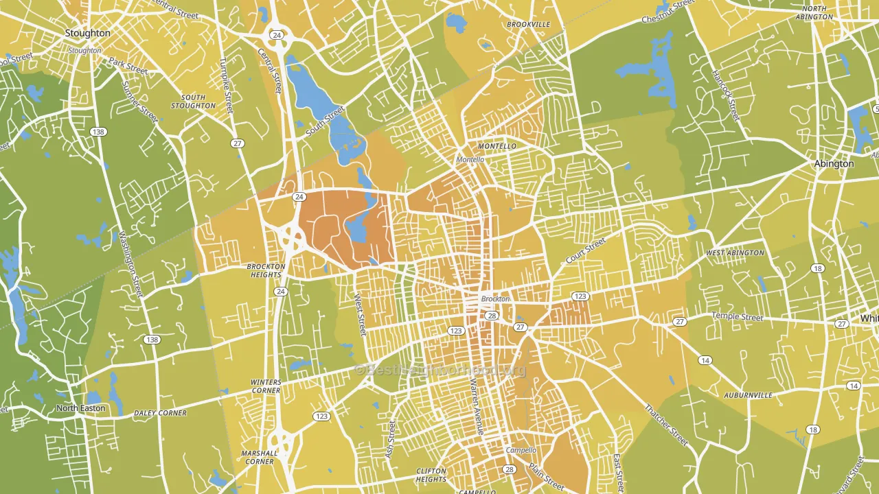 Map of the best neighborhoods in the Montello, Brockton area, with better matches in green and worse matches in red