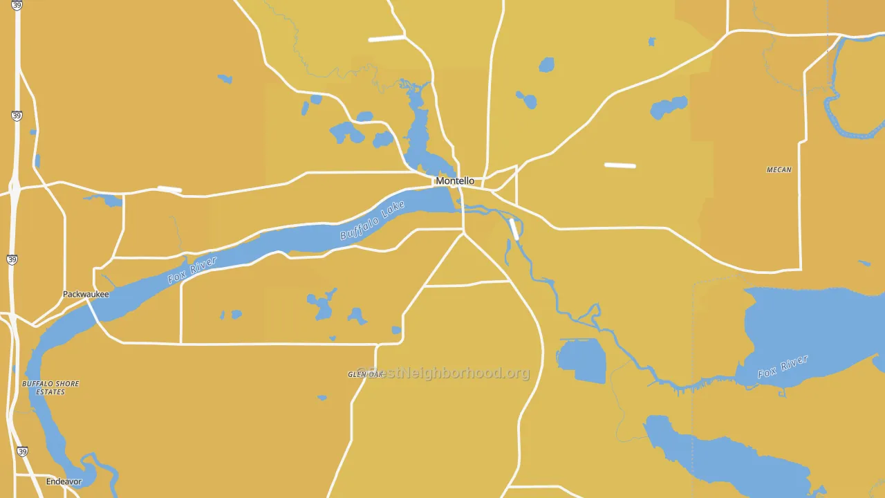 Map of the best neighborhoods in the Montello area, with better matches in green and worse matches in red