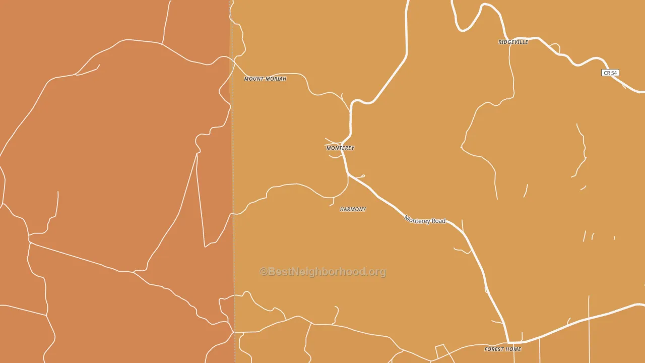 Map of the best neighborhoods in the Monterey area, with better matches in green and worse matches in red