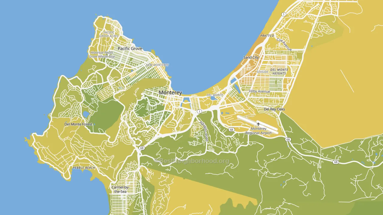 Map of the best neighborhoods in the Monterey area, with better matches in green and worse matches in red