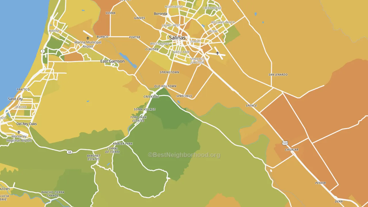 Map of the best neighborhoods in the Monterey County area, with better matches in green and worse matches in red
