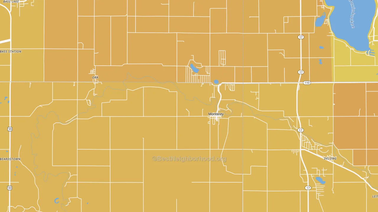 Map of the best neighborhoods in the Monterey area, with better matches in green and worse matches in red