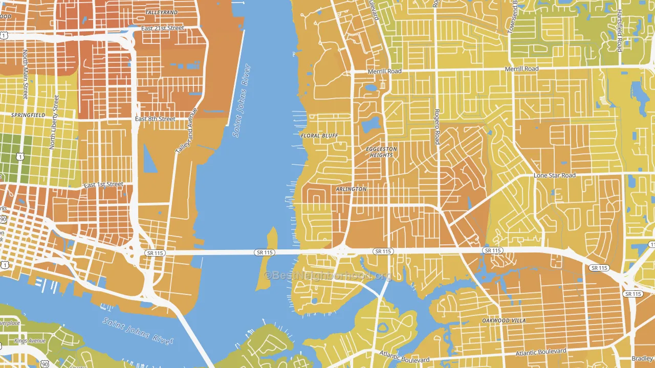 Map of the best neighborhoods in the Monterey, Jacksonville area, with better matches in green and worse matches in red