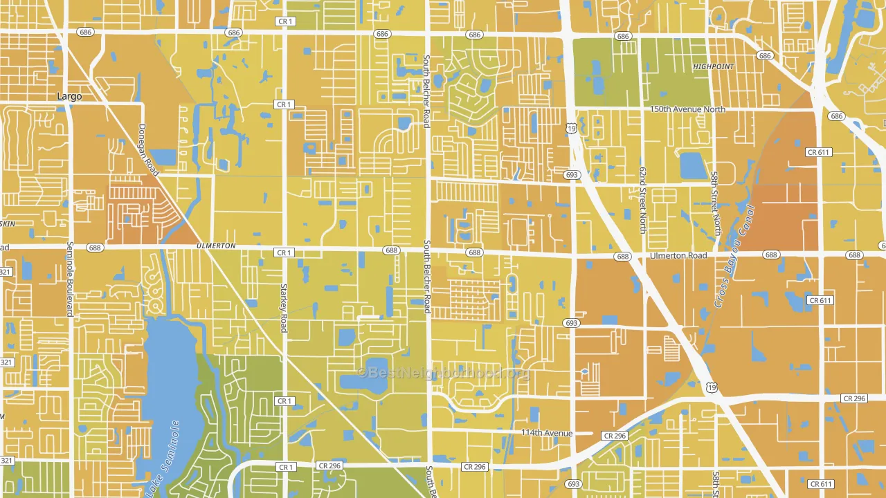 Map of the best neighborhoods in the Monterey Lakes, Largo area, with better matches in green and worse matches in red