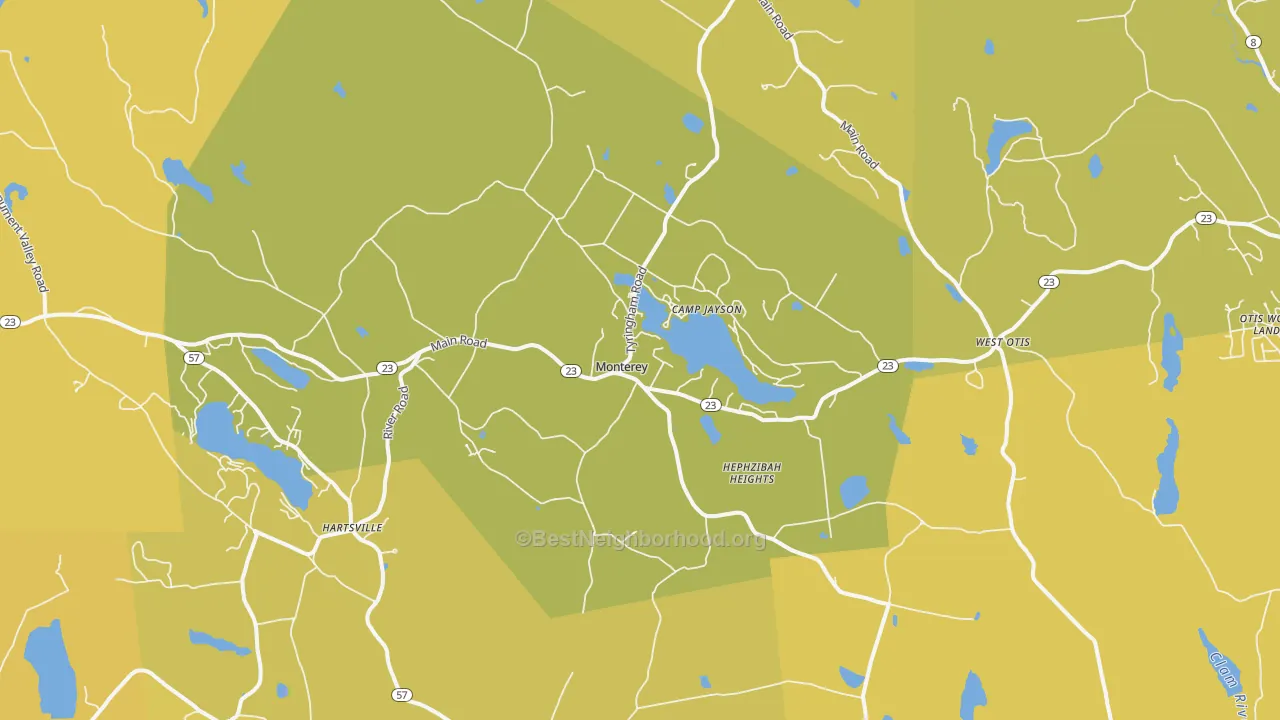 Map of the best neighborhoods in the Monterey area, with better matches in green and worse matches in red