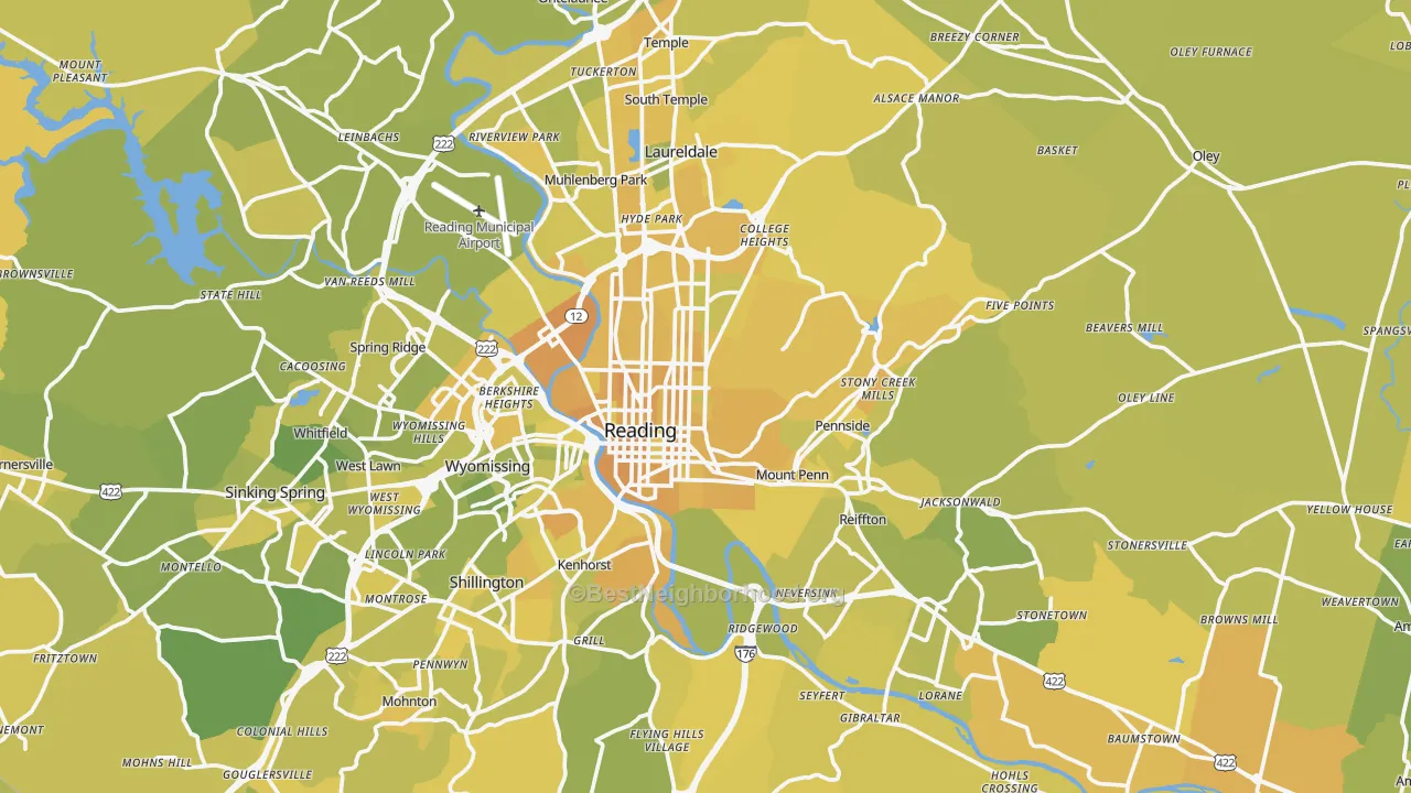 Map of the best neighborhoods in the Monterey area, with better matches in green and worse matches in red