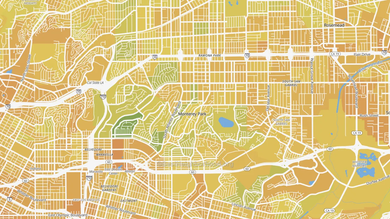 Map of the best neighborhoods in the Monterey Park area, with better matches in green and worse matches in red