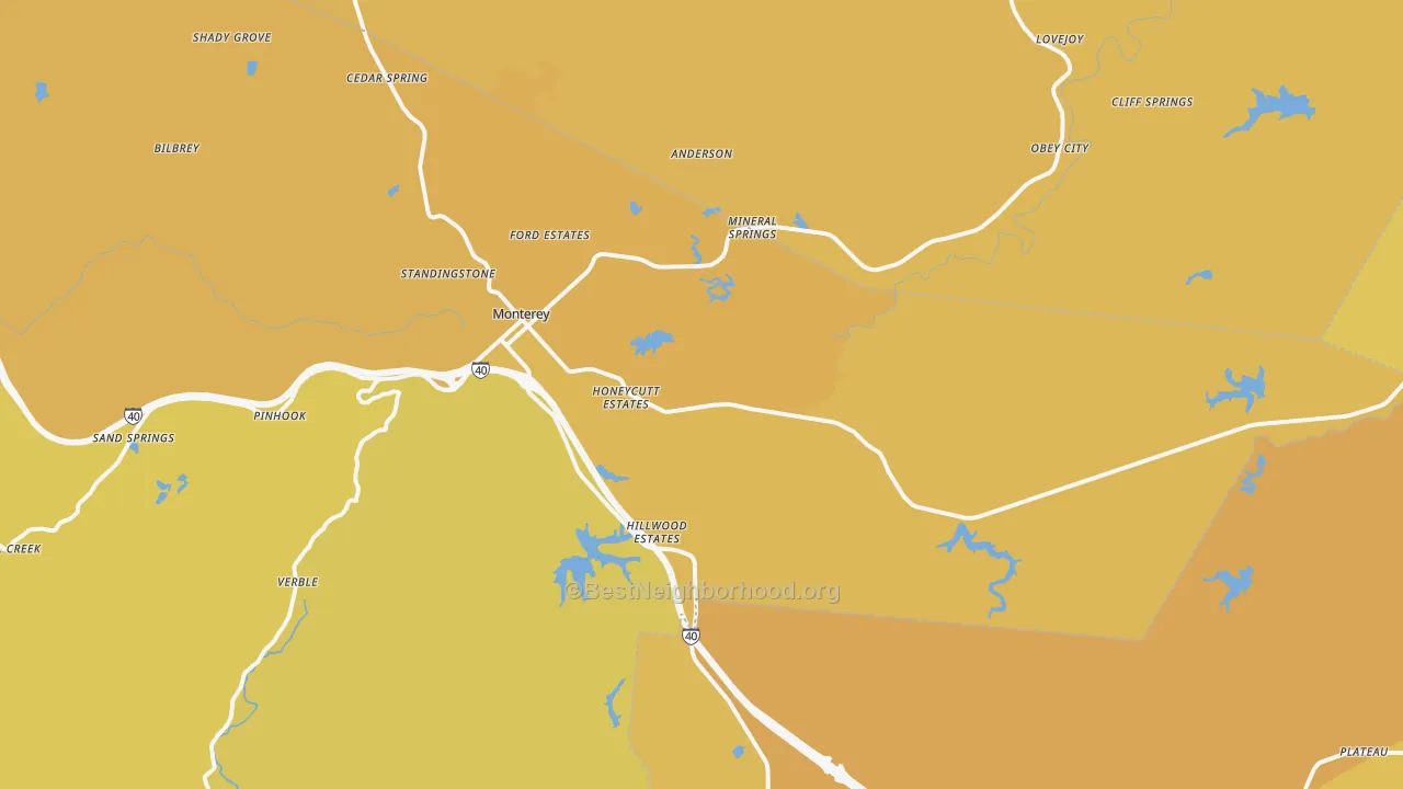 Map of the best neighborhoods in the Monterey area, with better matches in green and worse matches in red