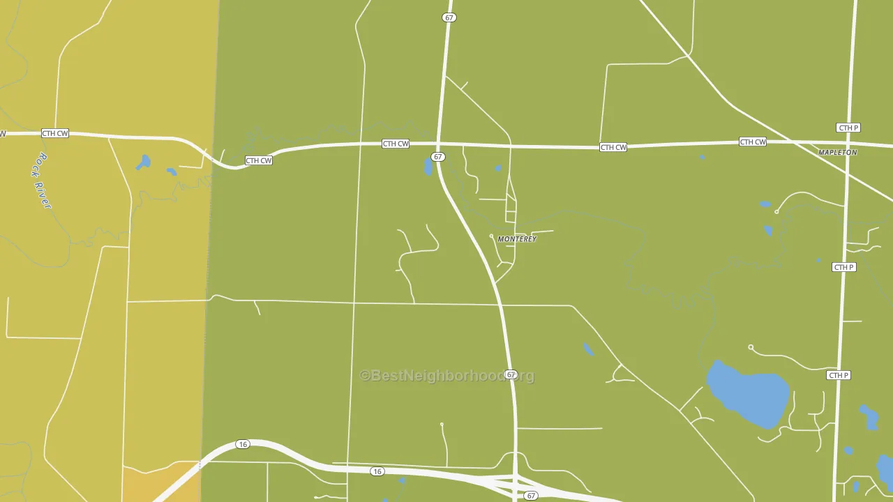 Map of the best neighborhoods in the Monterey area, with better matches in green and worse matches in red