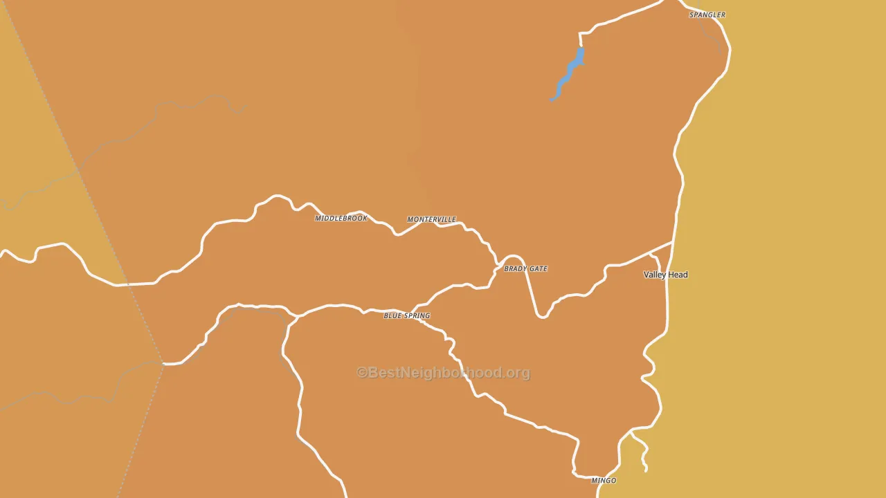 Map of the best neighborhoods in the Monterville area, with better matches in green and worse matches in red