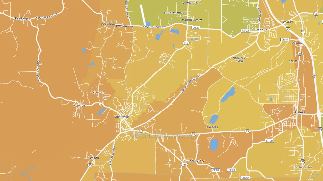 Map of the best neighborhoods in the Montevallo area, with better matches in green and worse matches in red