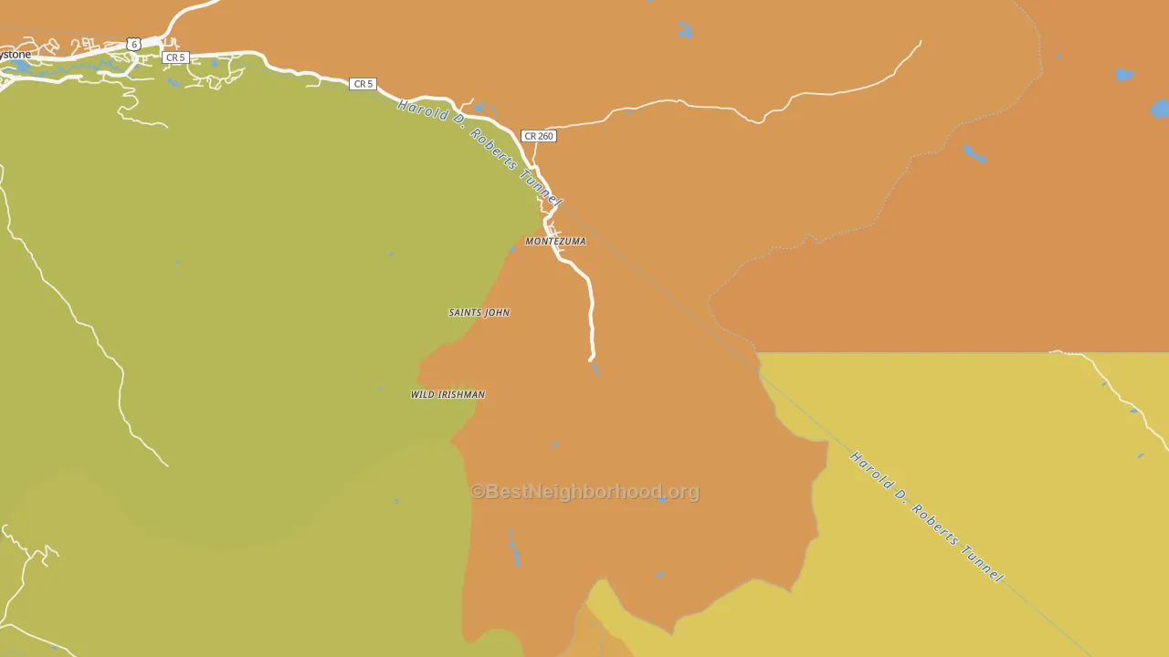 Map of the best neighborhoods in the Montezuma area, with better matches in green and worse matches in red