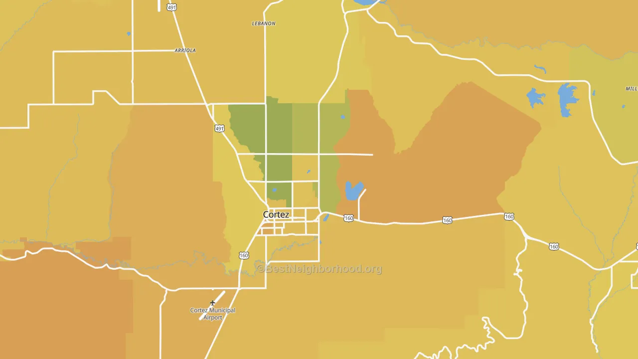 Map of the best neighborhoods in the Montezuma County area, with better matches in green and worse matches in red