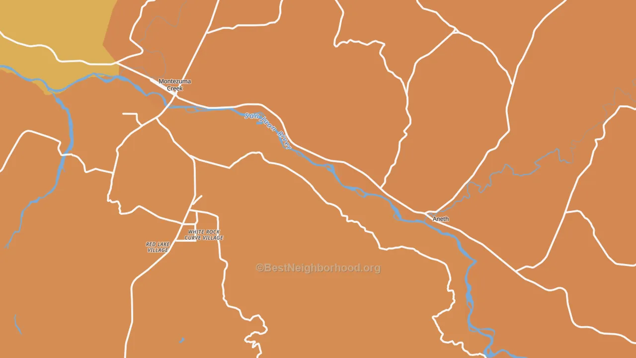 Map of the best neighborhoods in the Montezuma Creek area, with better matches in green and worse matches in red
