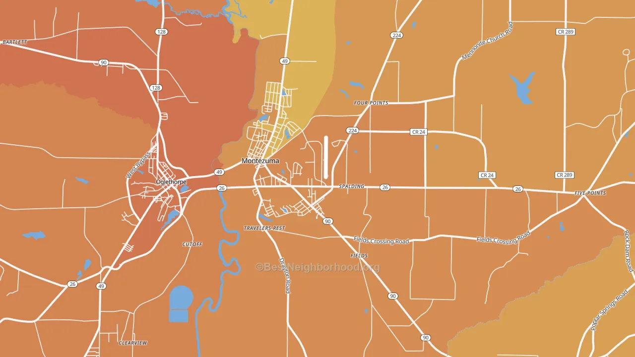 Map of the best neighborhoods in the Montezuma area, with better matches in green and worse matches in red