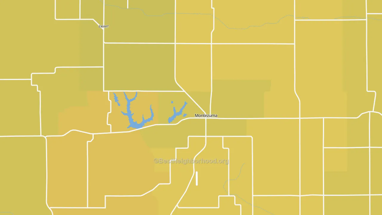 Map of the best neighborhoods in the Montezuma area, with better matches in green and worse matches in red