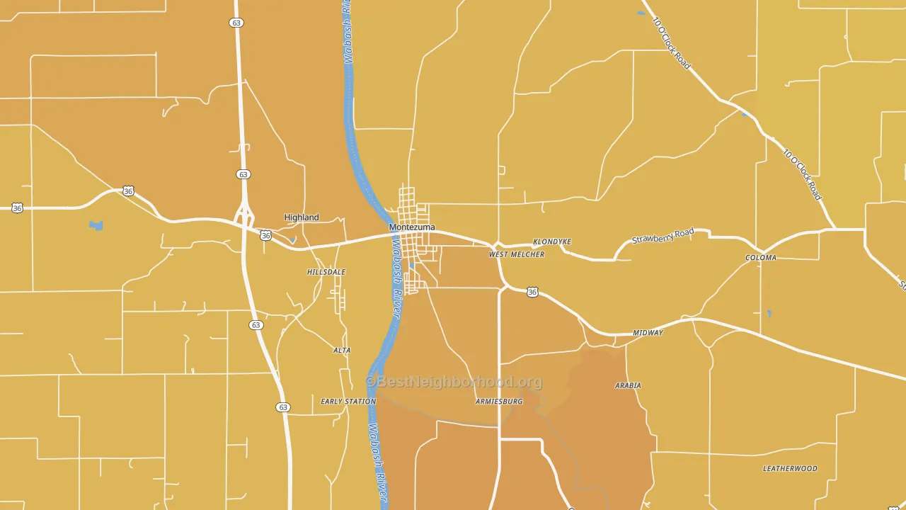 Map of the best neighborhoods in the Montezuma area, with better matches in green and worse matches in red