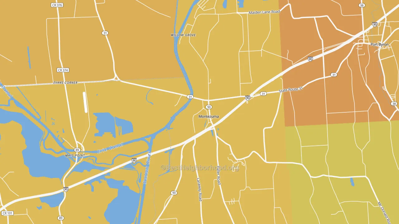 Map of the best neighborhoods in the Montezuma area, with better matches in green and worse matches in red