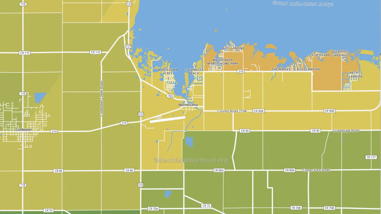 Map of the best neighborhoods in the Montezuma area, with better matches in green and worse matches in red