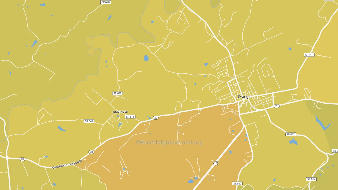 Map of the best neighborhoods in the Montford area, with better matches in green and worse matches in red