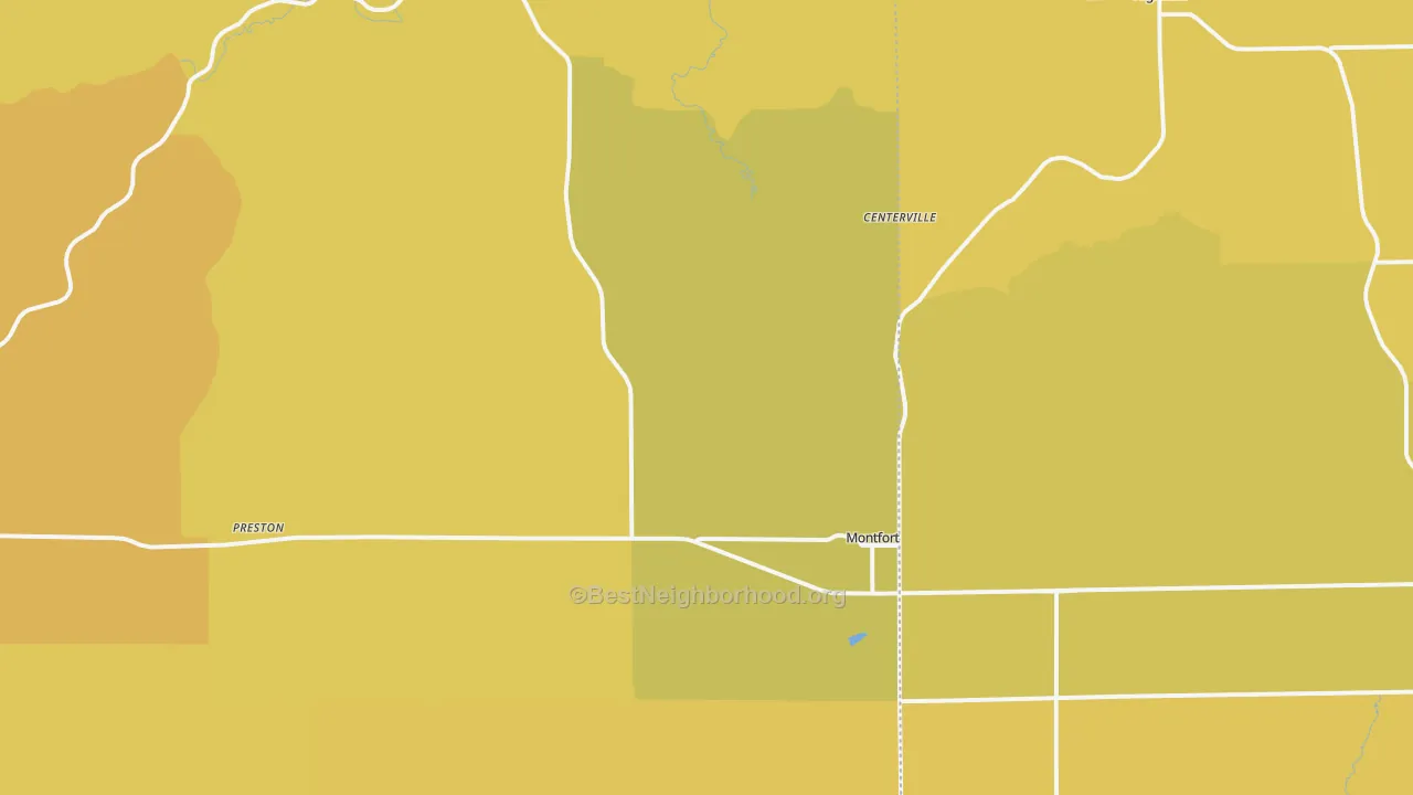 Map of the best neighborhoods in the Montfort area, with better matches in green and worse matches in red