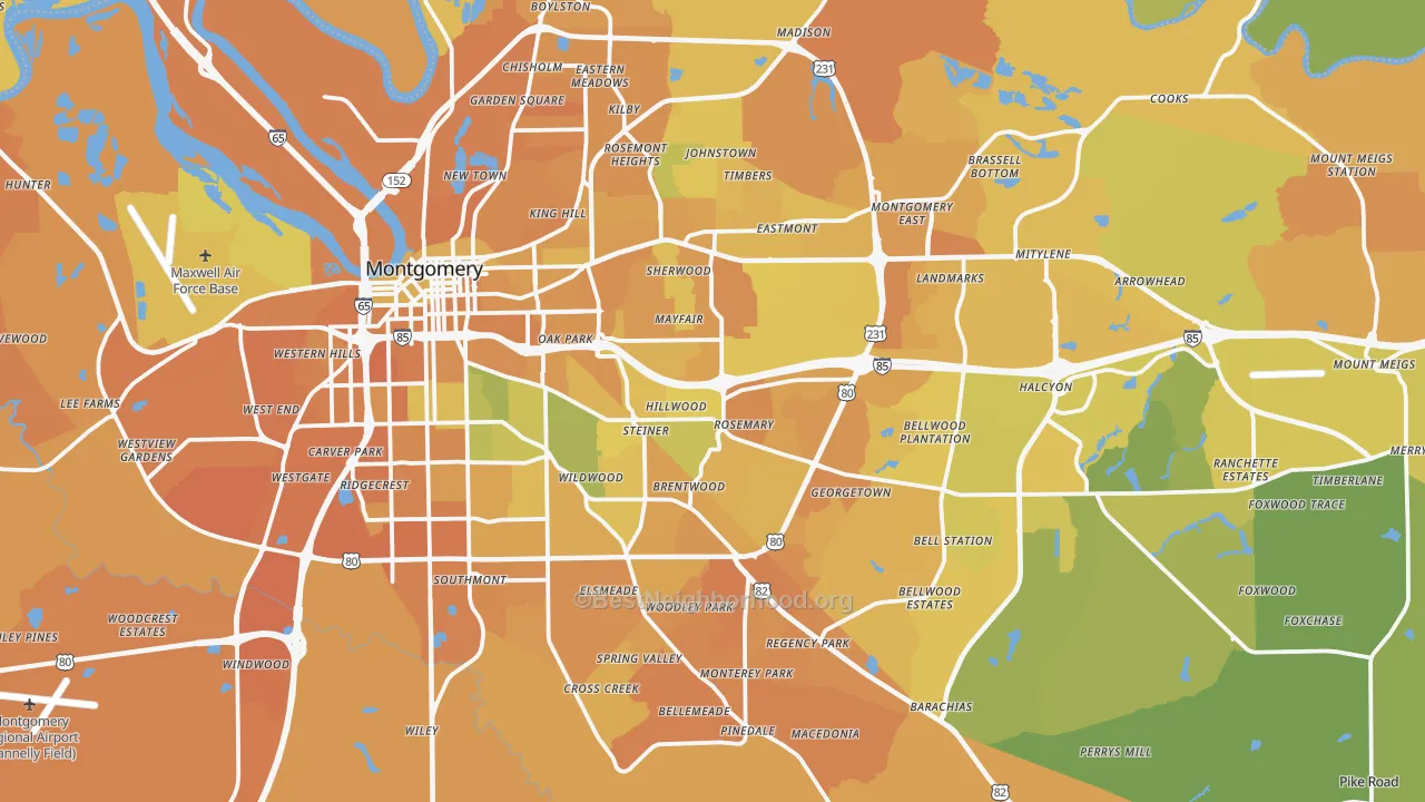 Map of the best neighborhoods in the Montgomery Metro area, with better matches in green and worse matches in red