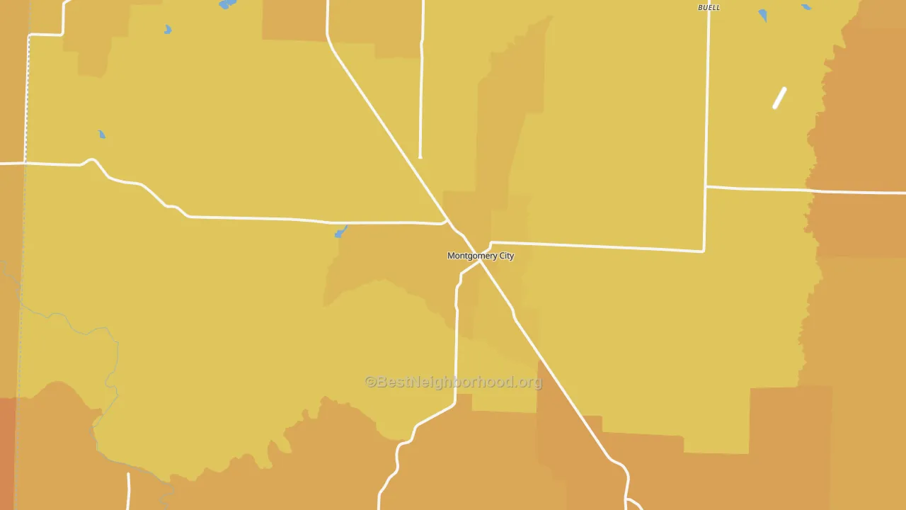 Map of the best neighborhoods in the Montgomery City area, with better matches in green and worse matches in red
