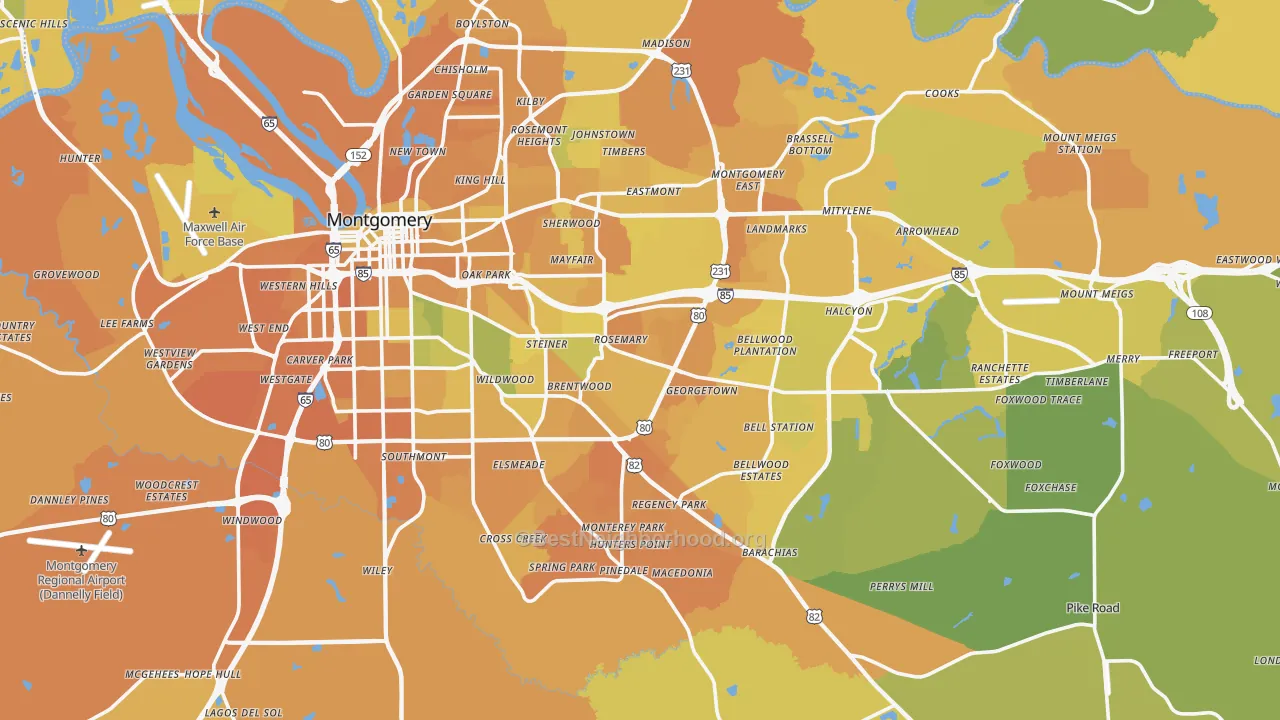 Map of the best neighborhoods in the Montgomery County area, with better matches in green and worse matches in red