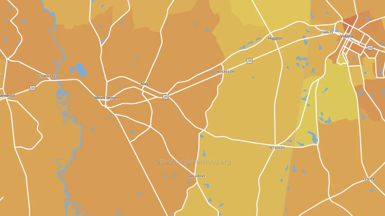 Map of the best neighborhoods in the Montgomery County area, with better matches in green and worse matches in red
