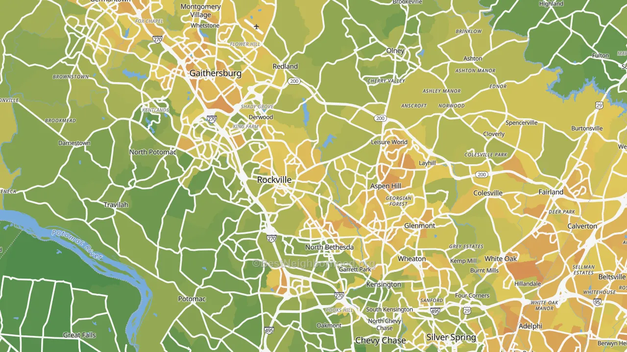 Map of the best neighborhoods in the Montgomery County area, with better matches in green and worse matches in red