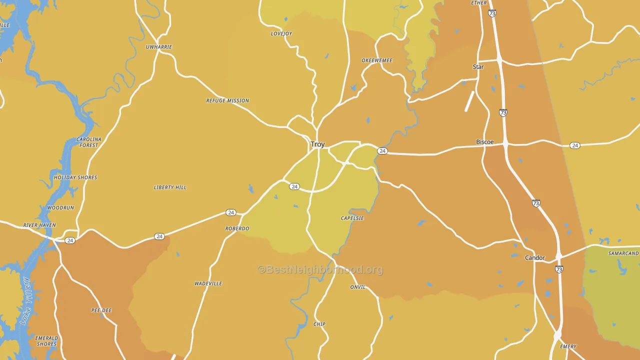Map of the best neighborhoods in the Montgomery County area, with better matches in green and worse matches in red